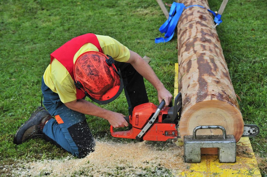 A man cutting a tree by a tree cutter machine